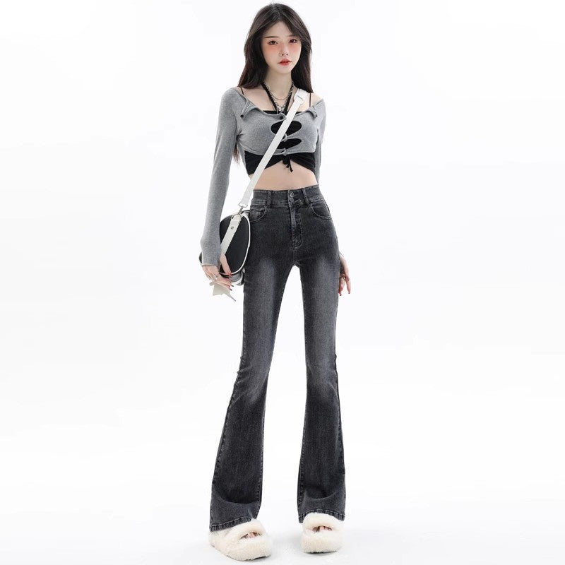 Retro Smoke Gray High-Waist Horseshoe Flared Jeans for Women