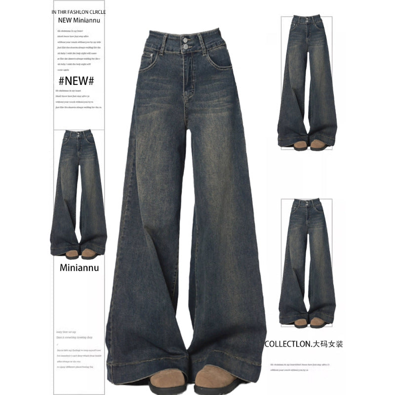 Plus Size Retro Distressed High-Waist Straight-Leg Jeans for