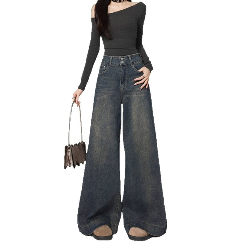 Retro blue plus size retro distressed high-waist straight-leg jeans for women