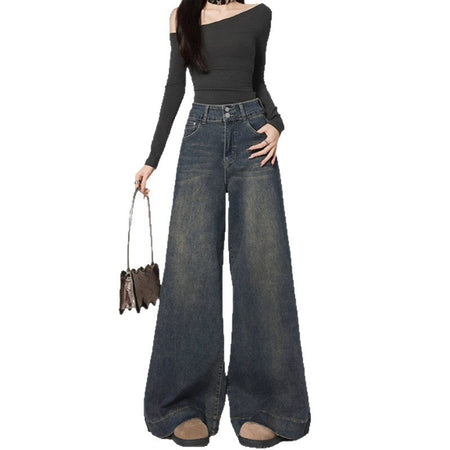 Retro blue plus size retro distressed high-waist straight-leg jeans for women