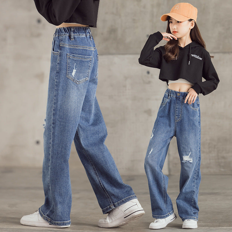 Children Girls’ Loose Wide-Leg Denim Jeans for Spring & Autumn