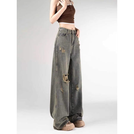 Petite retro ripped high-waist straight-leg jeans for women