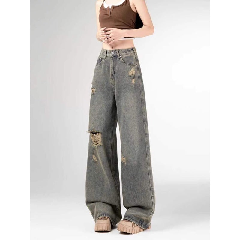 Petite Retro Ripped High-Waist Straight-Leg Jeans for Women