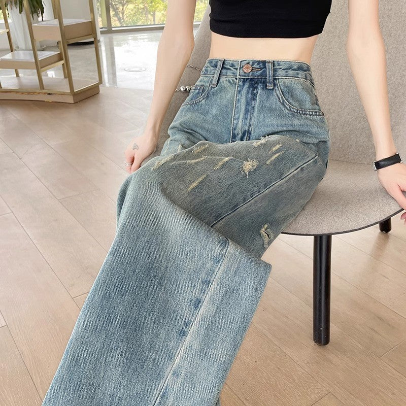 Vintage blue high-waist wide-leg ripped jeans for women