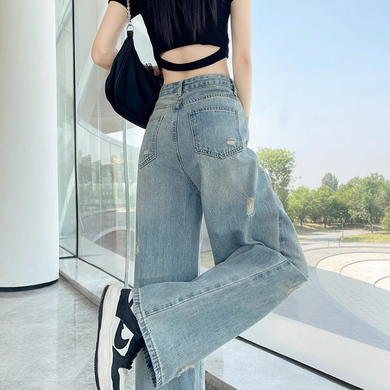 Vintage Blue High-Waist Wide-Leg Ripped Jeans for Women