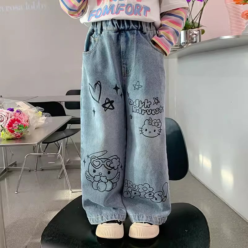 Children Girls' Wide-Leg Cartoon Jeans for Spring & Autumn