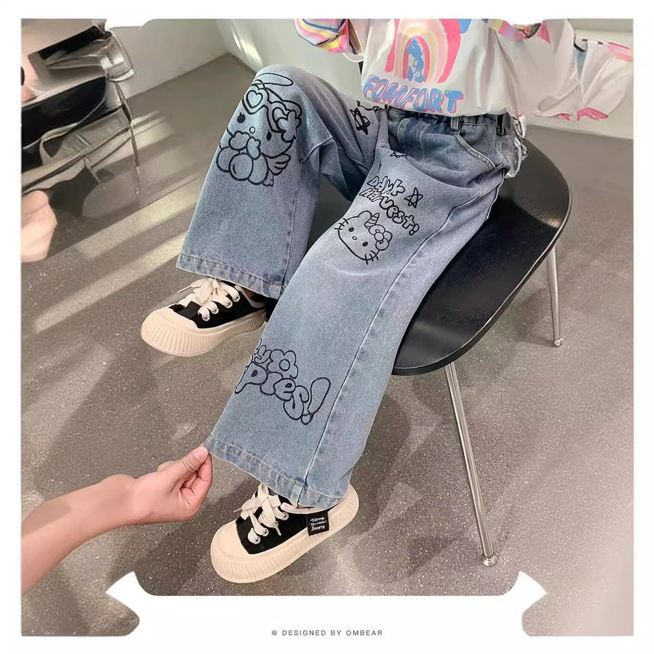 Children Girls' Wide-Leg Cartoon Jeans for Spring & Autumn