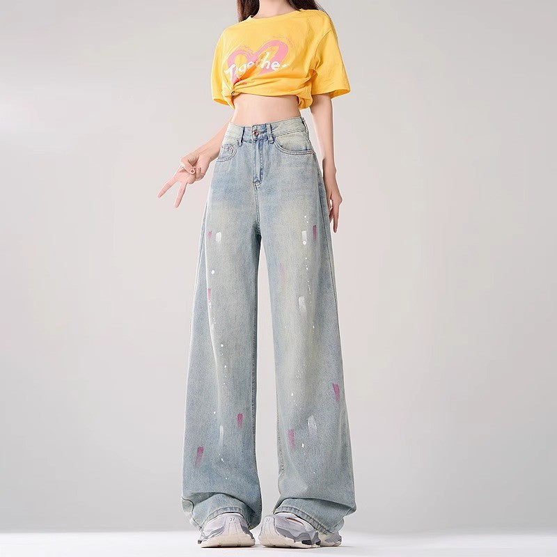 Light wash high-waist wide-leg retro jeans for women
