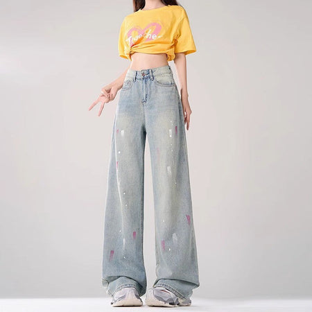 Light wash high-waist wide-leg retro jeans for women