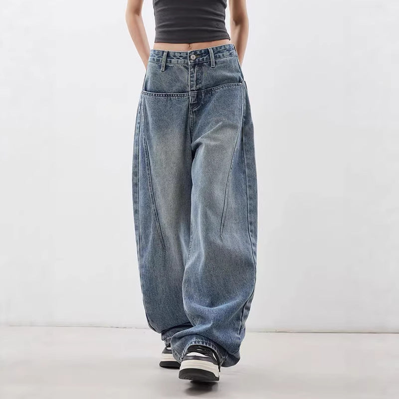 Retro vintage blue high-waist wide-leg jeans for women