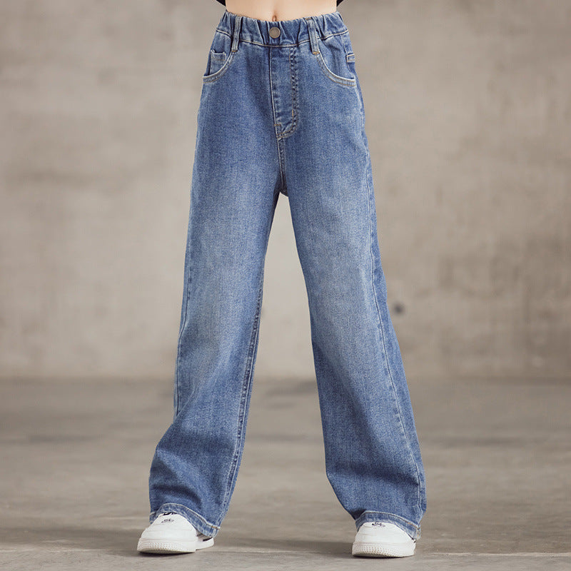 Children Girls’ Simple Wide-Leg Denim Pants for Spring & Autumn