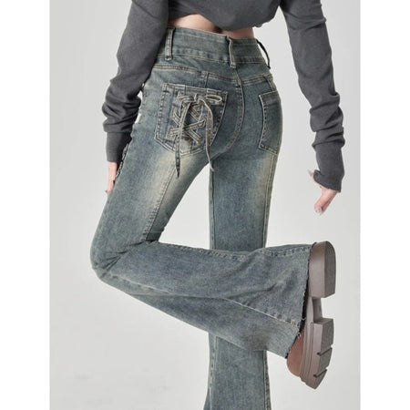 High-waisted flared jeans for women bow detail slim fit