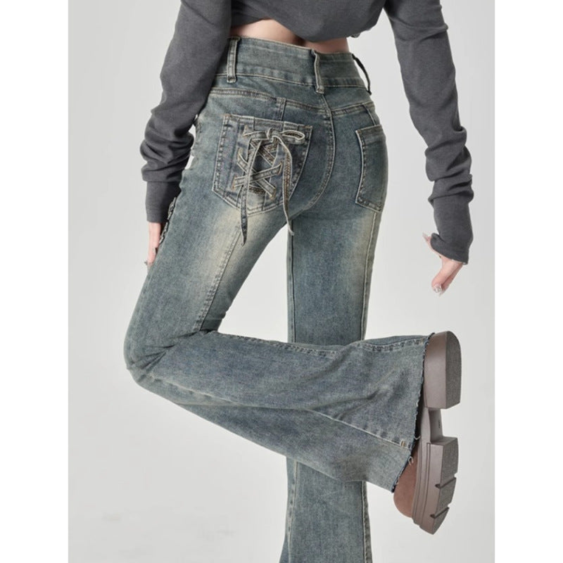 High-waisted flared jeans for women bow detail slim fit