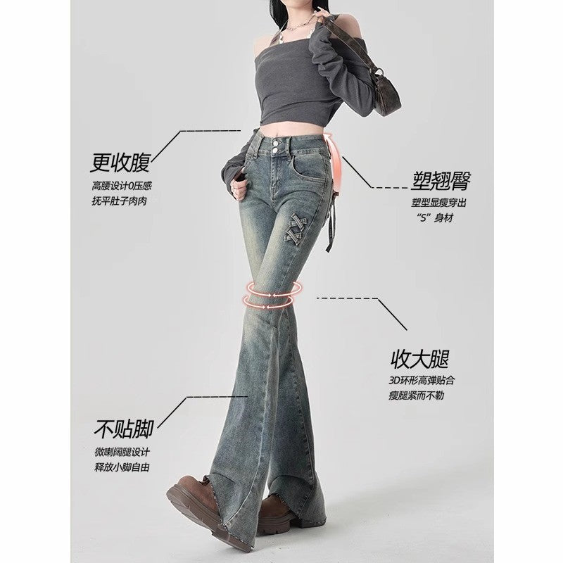 High-Waisted Flared Jeans for Women Bow Detail Slim Fit