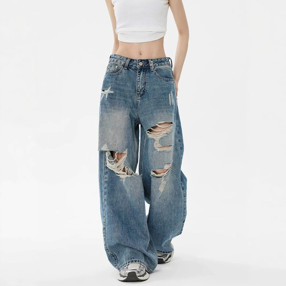 Retro blue retro loose ripped straight-leg jeans for women draped fit