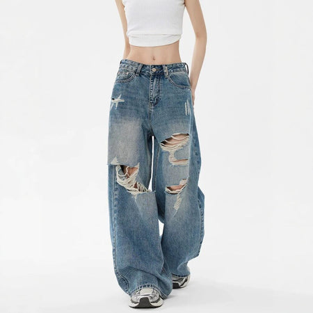 Retro blue retro loose ripped straight-leg jeans for women draped fit