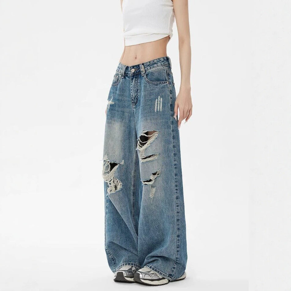 Retro Loose Ripped Straight-Leg Jeans for Women Draped Fit