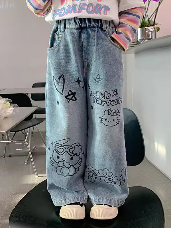 Children Girls’ Wide-Leg Denim Jeans for Spring & Autumn