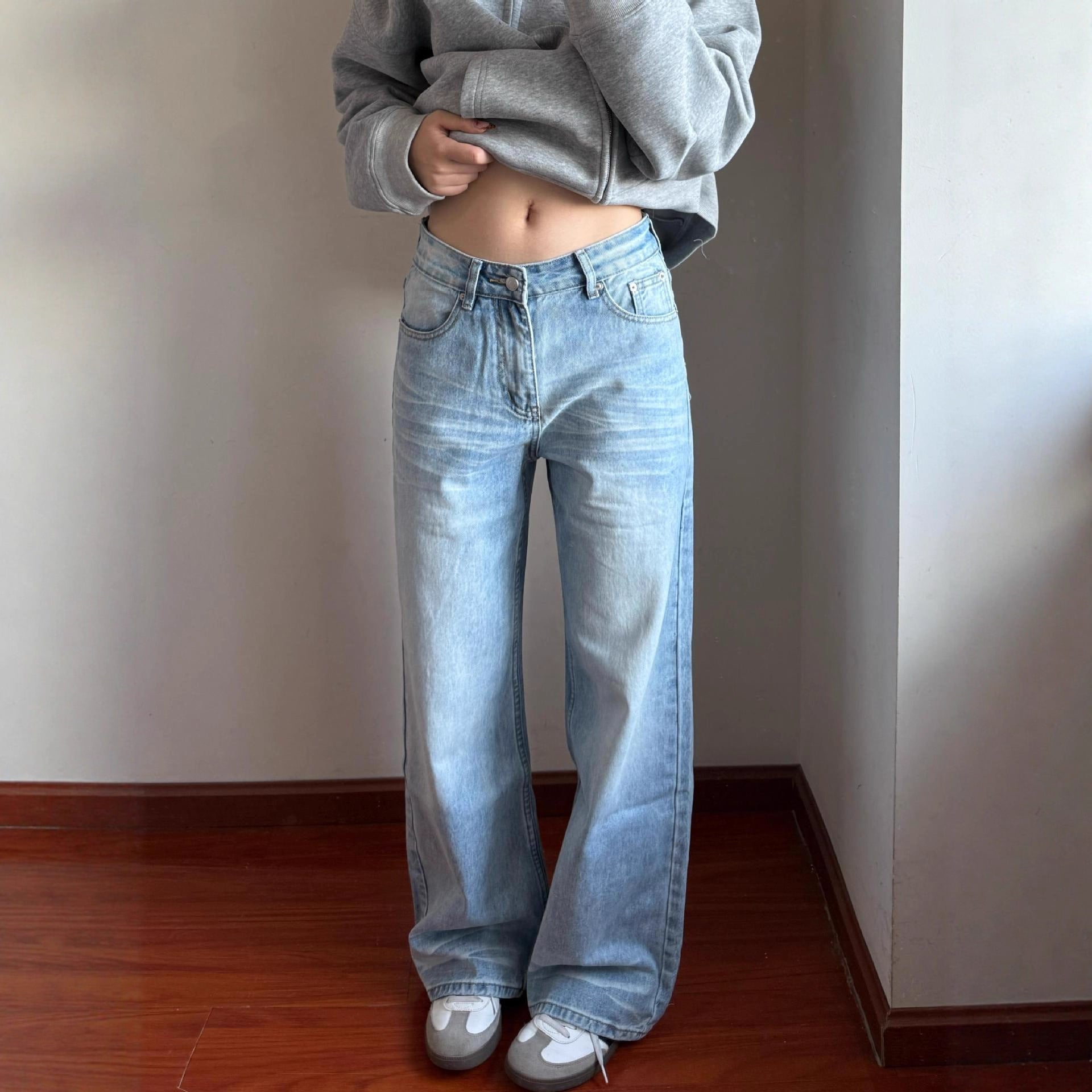 Retro blue light blue retro straight-leg jeans for women floor-length fit