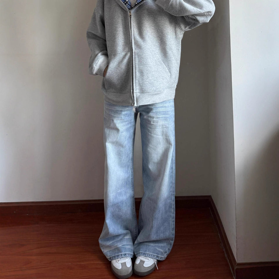 Light Blue Retro Straight-Leg Jeans for Women Floor-Length Fit