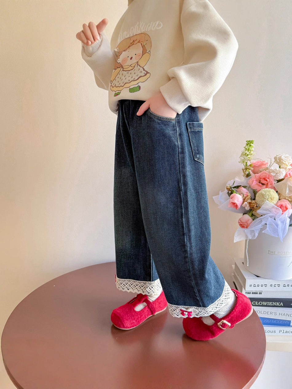 Children Girls’ Fleece-Lined Denim Pants for Autumn & Winter