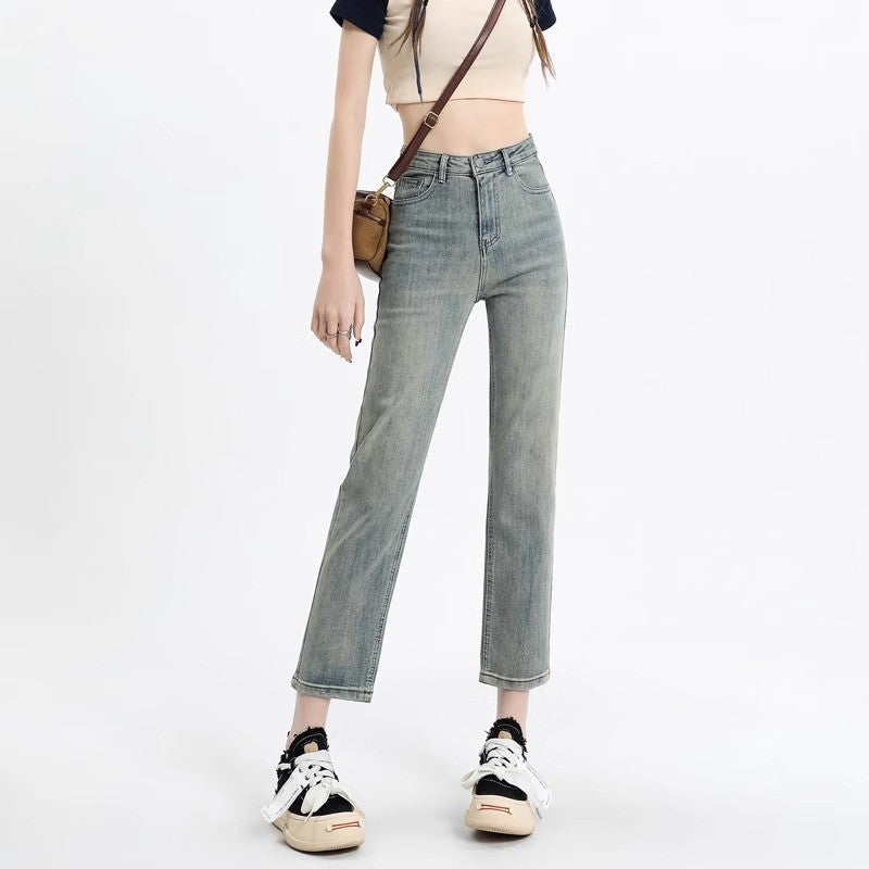 Retro high-waist straight-leg cropped jeans for women
