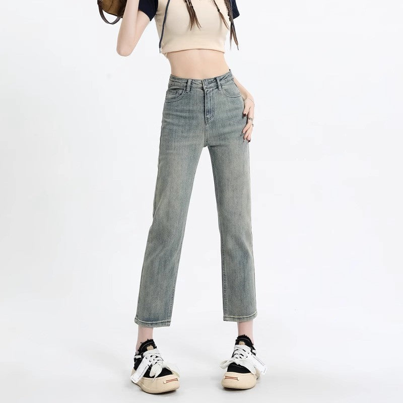Retro High-Waist Straight-Leg Cropped Jeans for Women
