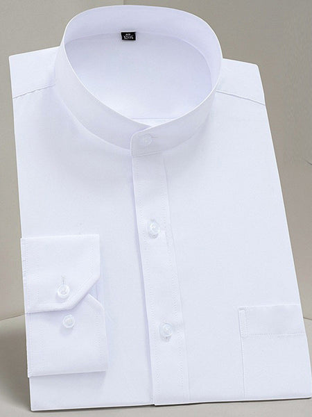 White Stand Collar Chinese Style Long Sleeve Shirt men's casual shirt - button-up design with relaxed comfortable fit