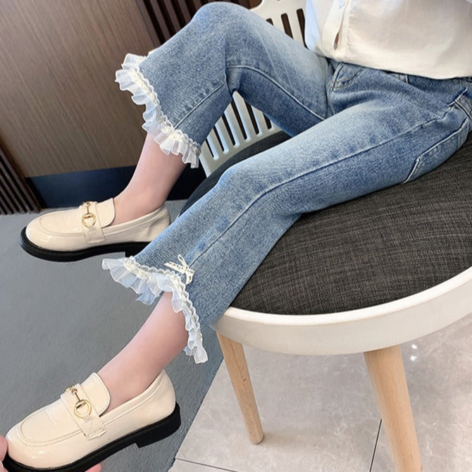 Children Girls’ Lace Flared Denim Pants for Spring & Autumn