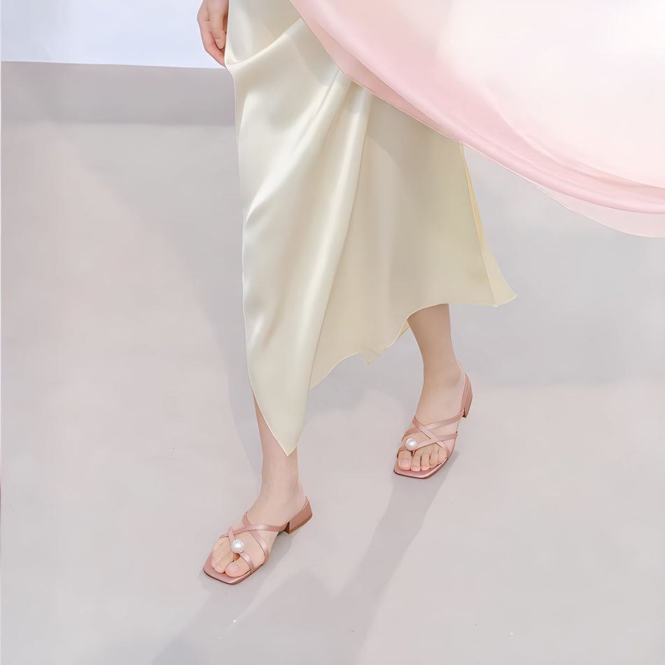 Pearl Detail Mid Heel Slip-On Half Slippers for Women