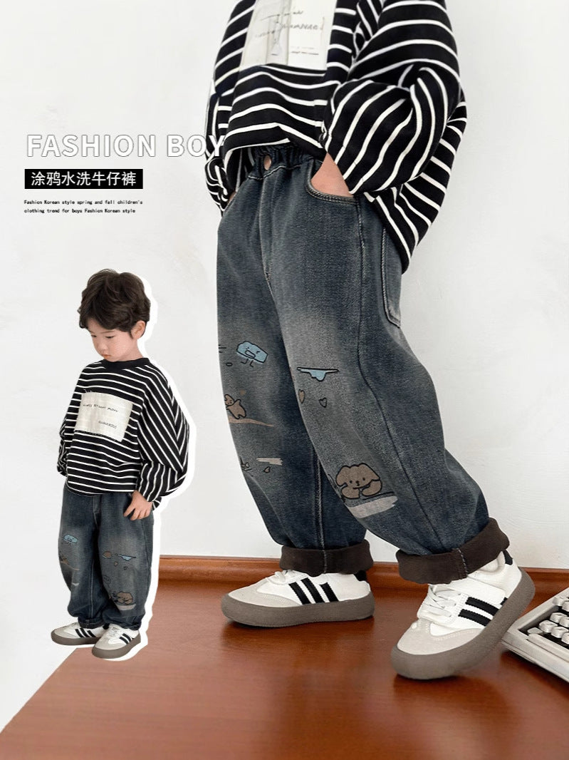 Children Boys’ Fleece-Lined Denim Jeans for Autumn & Winter