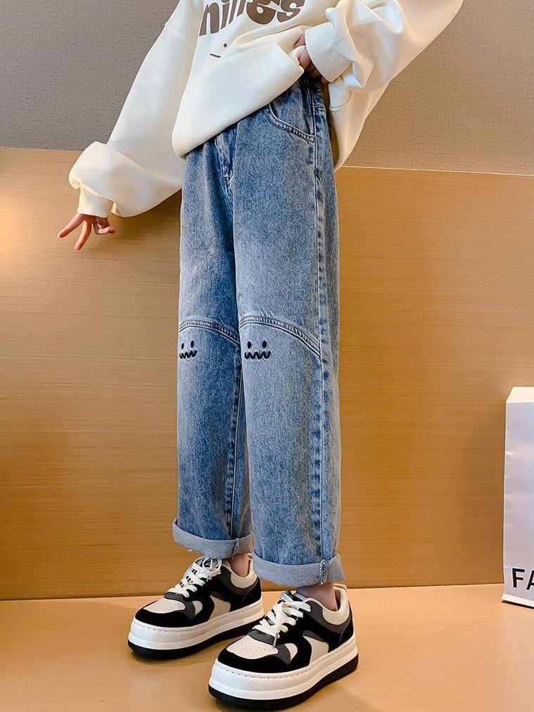 Children Girls’ Wide-Leg Smiley Embroidered Denim Jeans