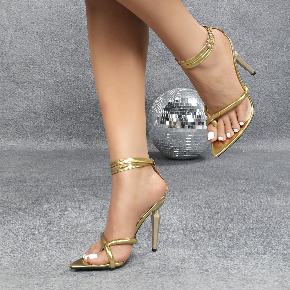 Rhinestone Buckle Thin Heel Open Toe Sandals for Women