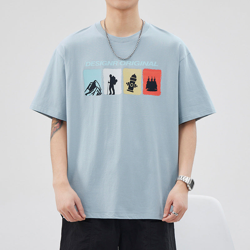 Men's sky blue long sleeve T-shirt - loose fit round neck casual top