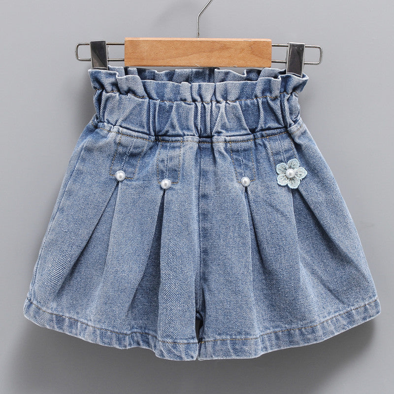 Children Girls’ Pleated Denim Shorts for Summer