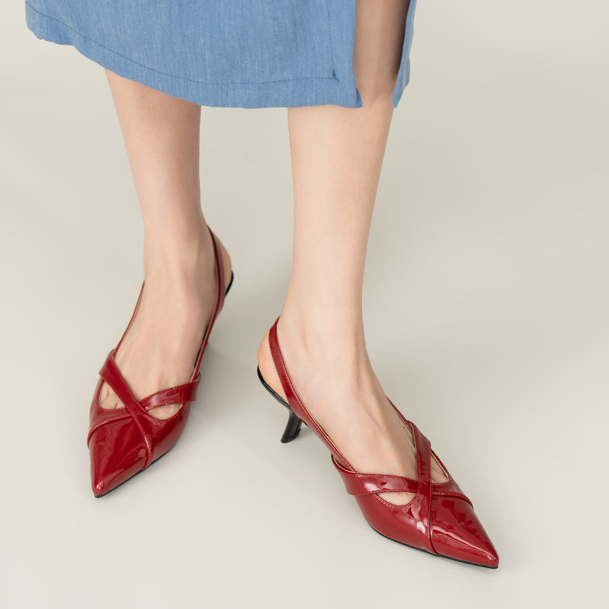 Red pointed toe thin heel buckle sandals for women summer