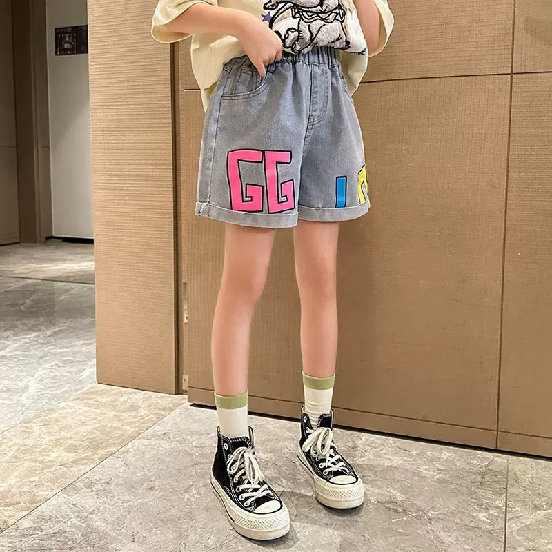 Children Girls’ Printed Denim Shorts for Summer