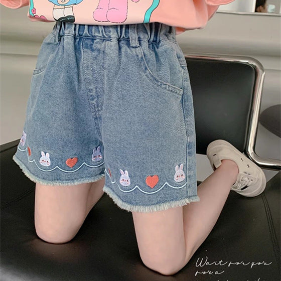 Red girls denim shorts for summer casual wear with comfortable relaxed fit