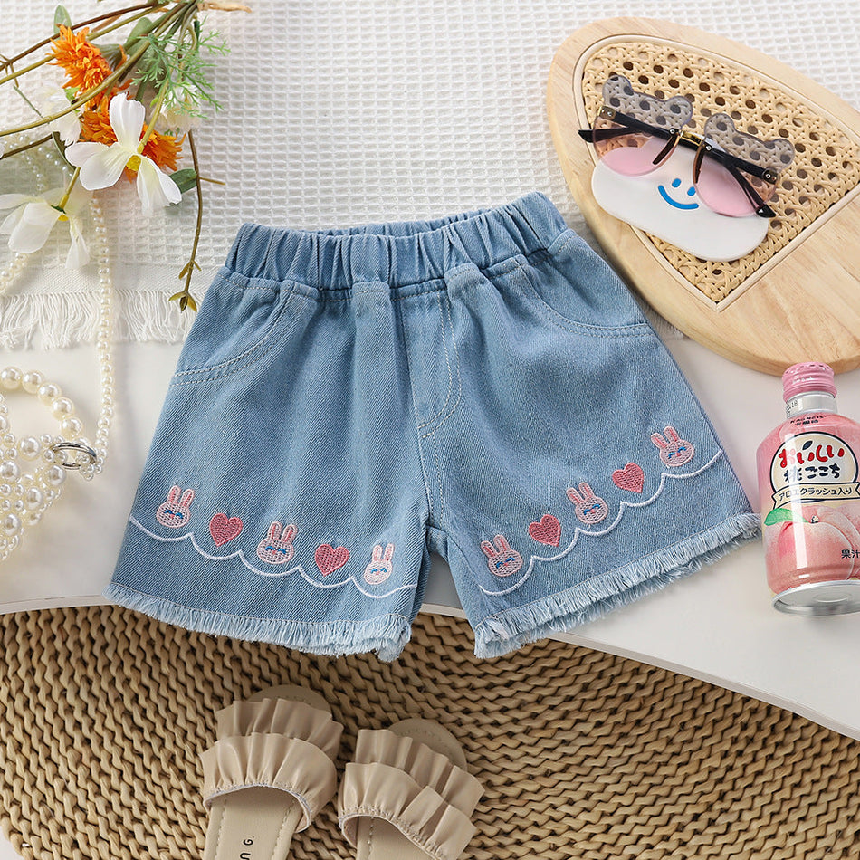 Children Girls High-Waisted Denim Shorts Loose Fit Summer
