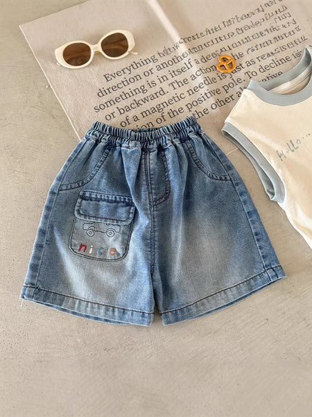 Red girls denim shorts for summer casual wear with comfortable relaxed fit