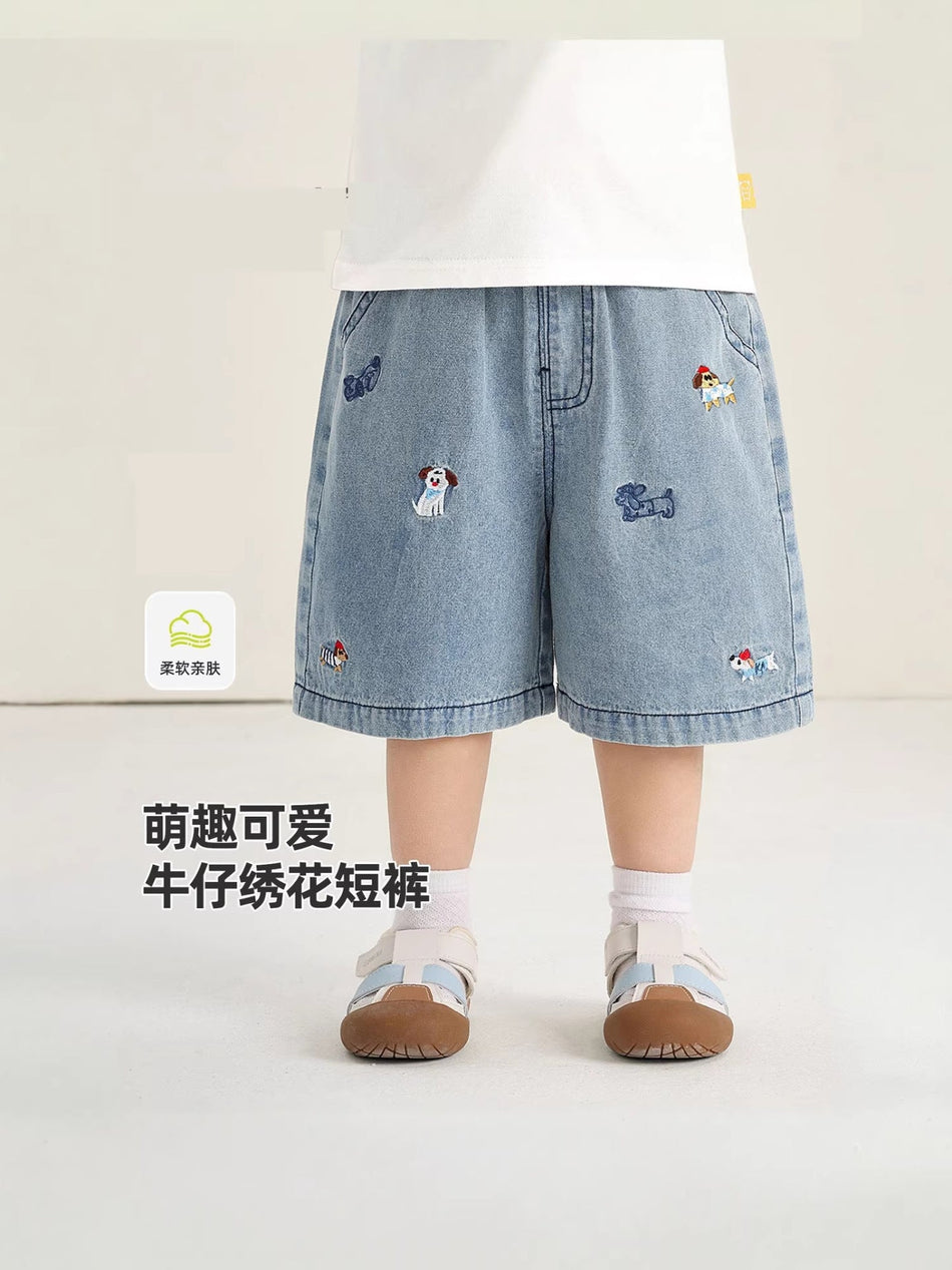 Boys Cotton Denim Summer Shorts Cartoon Embroidered Casual Fit