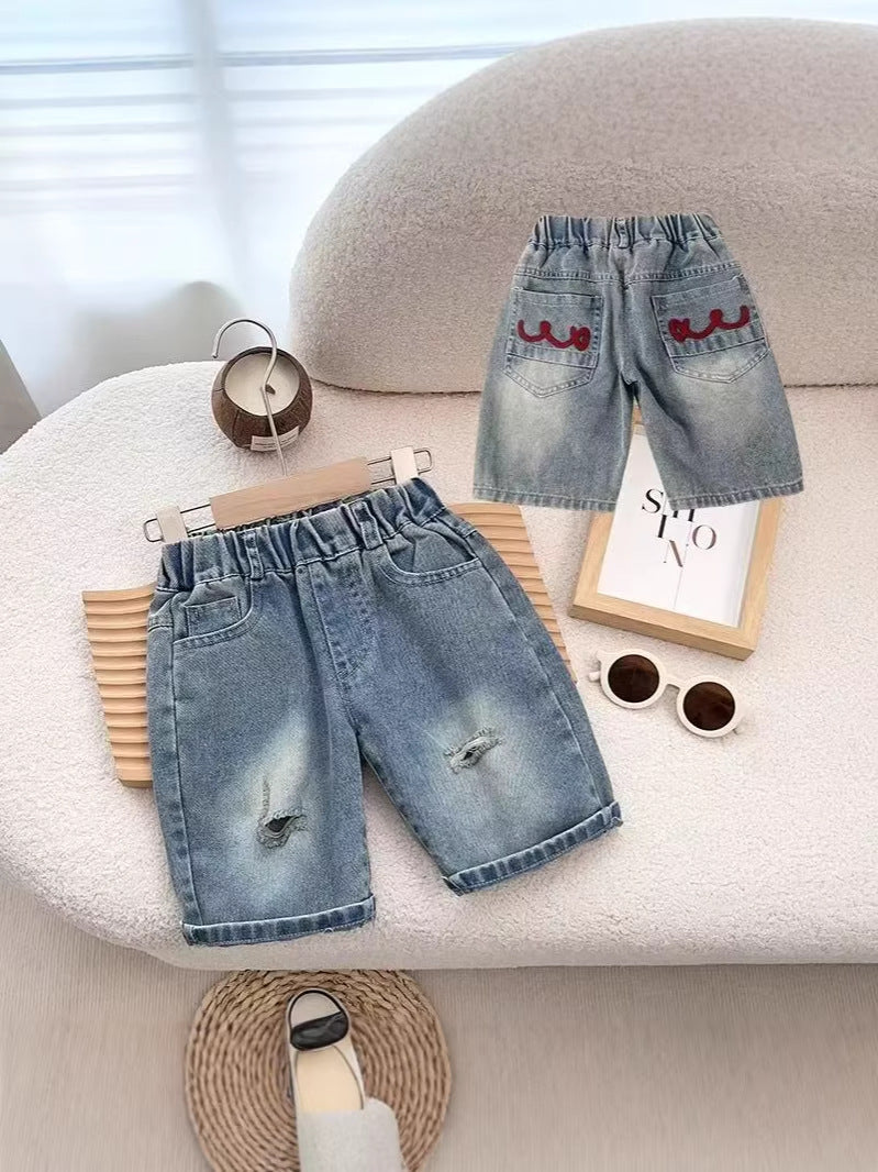 Boys Loose Fit Denim Capri Shorts Summer Casual Mid-Length Pants