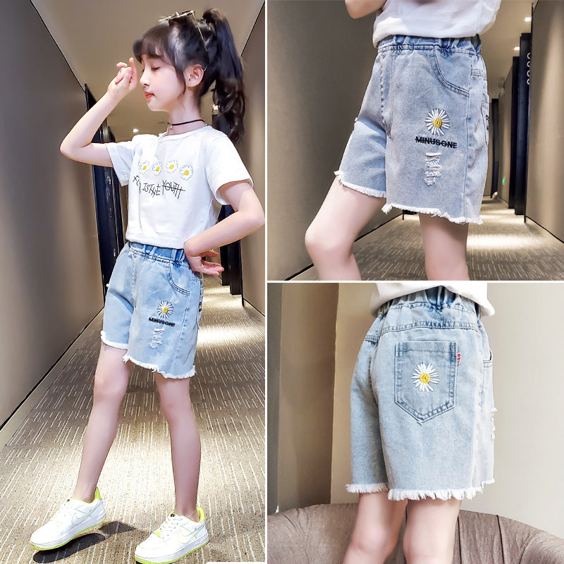 Girls Loose Fit Denim Shorts Daisy Ripped Summer Casual Wear