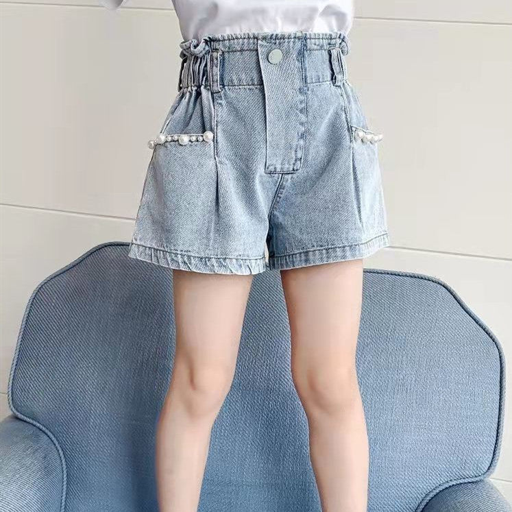 Red girls denim shorts for summer casual wear with comfortable relaxed fit