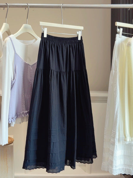 White high-waisted a-line skirt with delicate lace trim detail