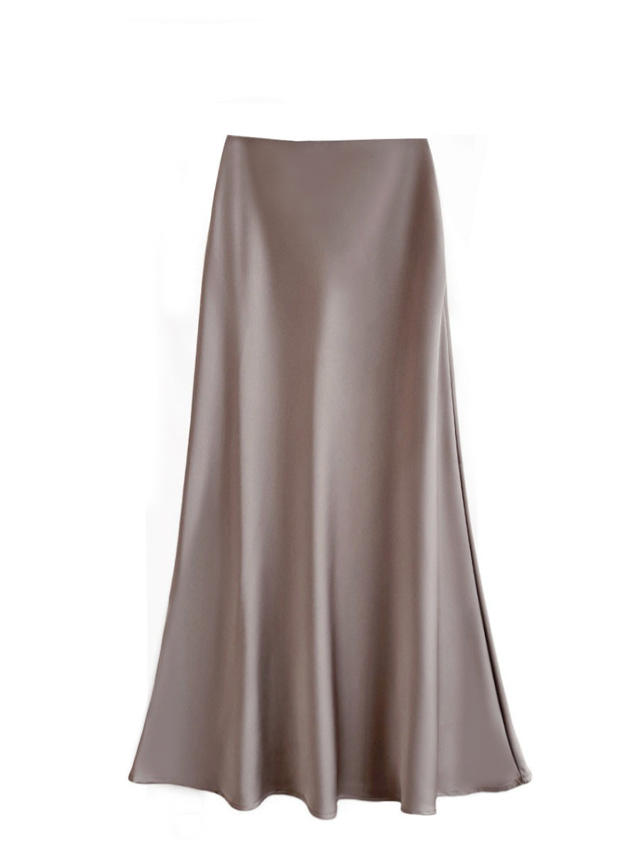 Gray green high-waisted satin acetate mid-length fishtail skirt