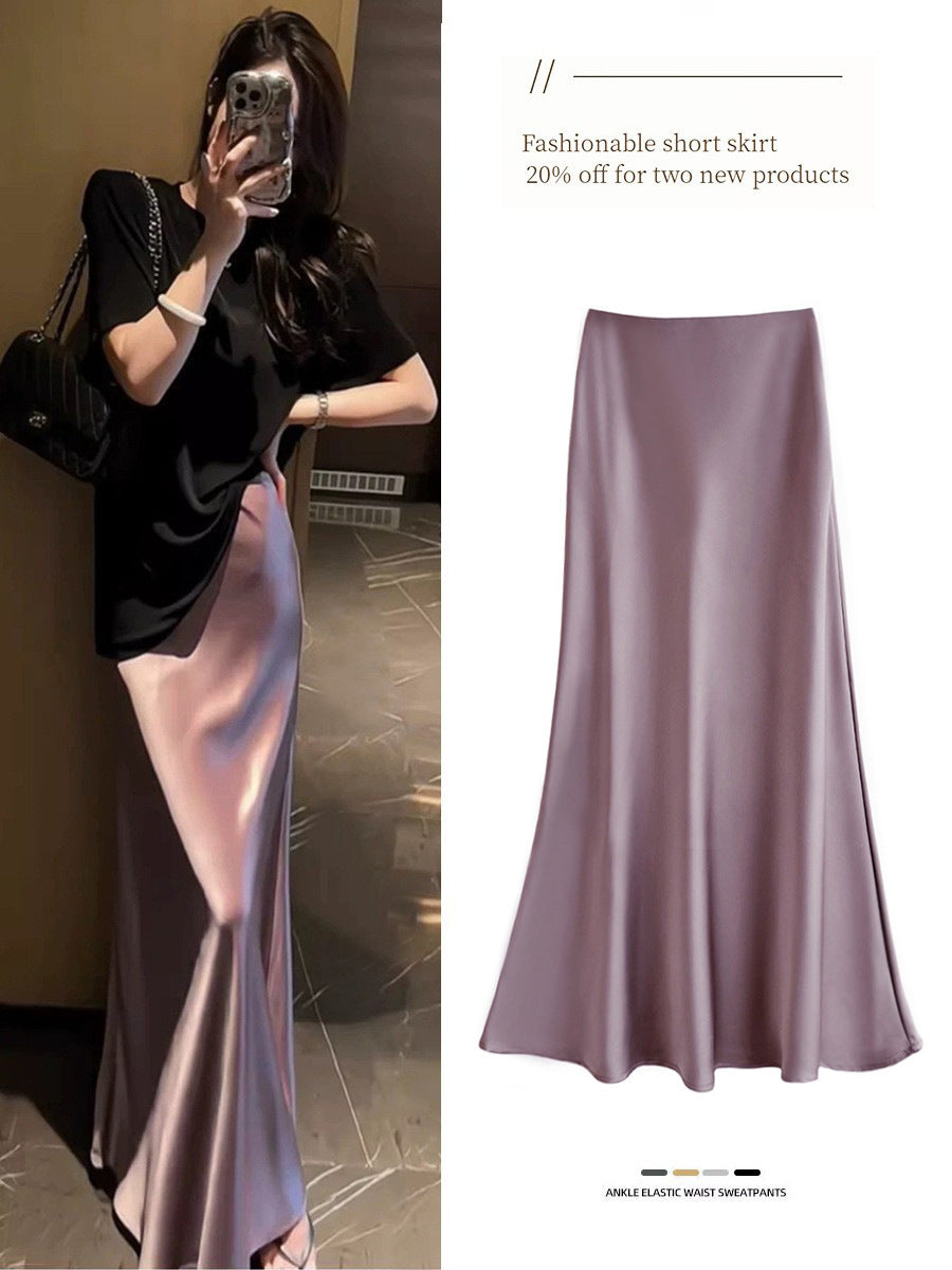 High-Waisted Satin Acetate Mid-Length Fishtail Skirt