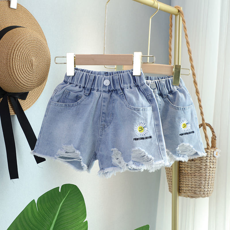Girls Floral Denim Shorts Korean Style Mid Waist Casual Fit
