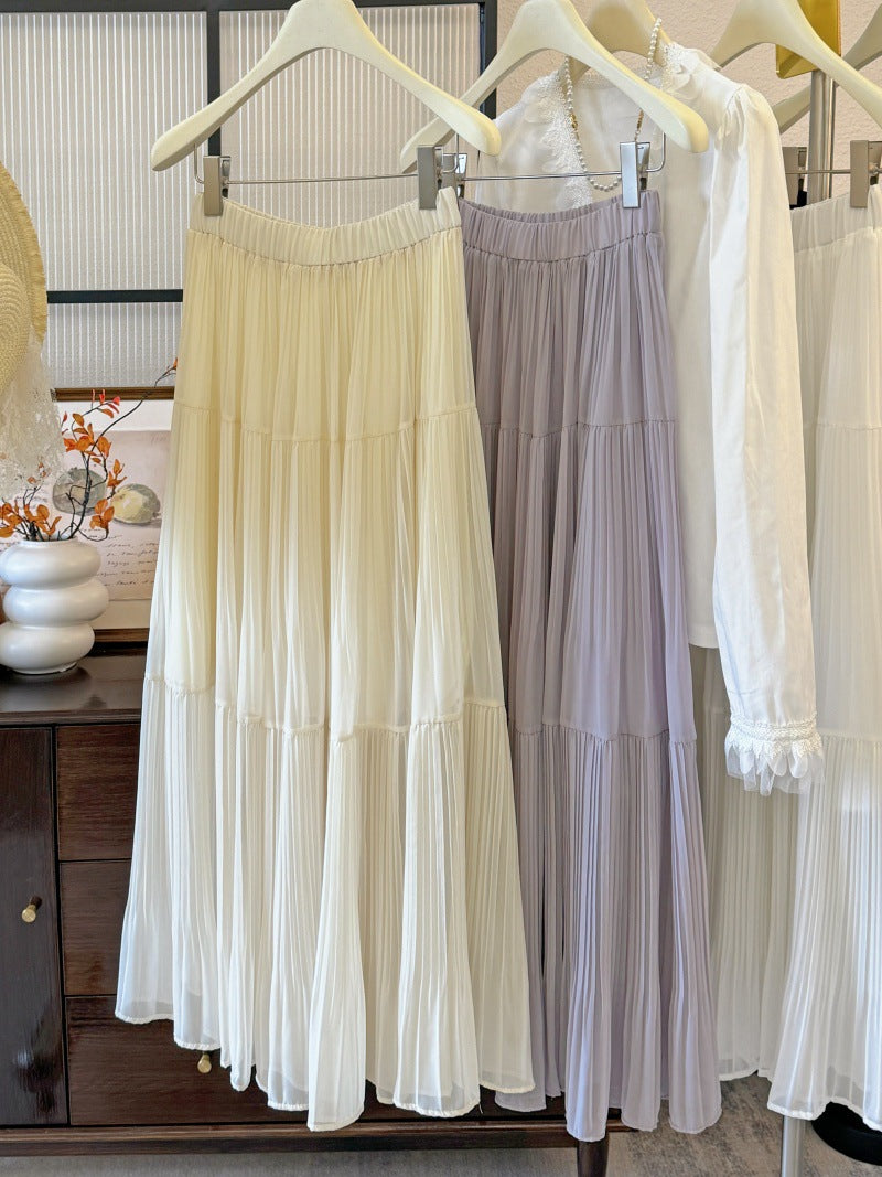 High-Waisted Pleated Chiffon Maxi Skirt in French Retro Style