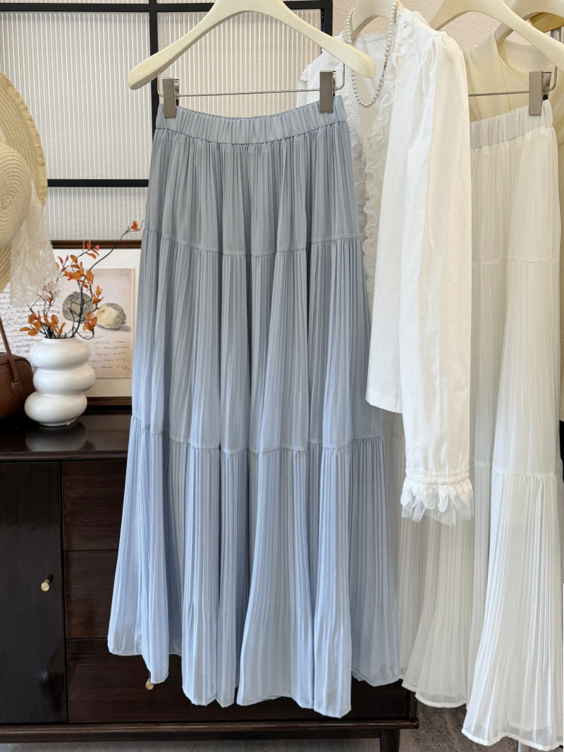 Apricot high-waisted pleated chiffon maxi skirt in french retro style